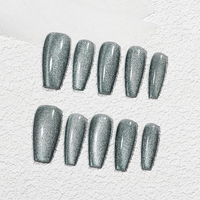 Sun&Beam Nails Handmade Press-on Medium Long Coffin Ballerina Grey Magnet Solid Color Minimalist Design Fashion False Nail Tips 10 Pcs Set (#248 S)