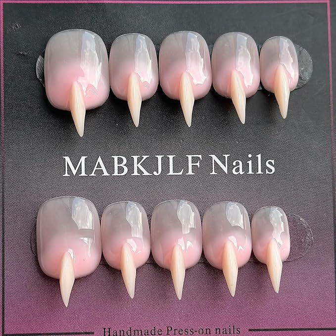 Halloween Press on Nails Luxury Short Stiletto Handmade Cat Claw Unique Reusable ABS Material Pink Fake Nails Eagle Claw False Nails Gradient Glossy Glue on Nail Curved Thick Acrylic Nail(M)