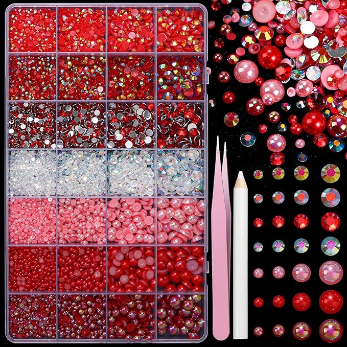 22000 Pcs Red Flatback Pearls and Rhinestones Bedazzling Kit, Resin Rhinestones Gems for Crafting, Mixed Size Half Pearls Gems for Nails Face Eyes Makeup Bottles Shoes DIY Crafts