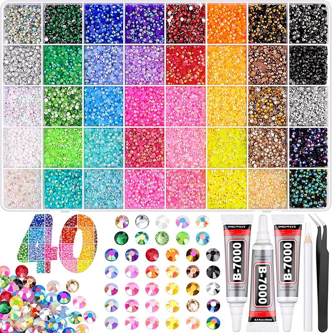 40000Pcs Jelly Rhinestones for Bedazzling Kit, Multi-Color 3mm Resin Flatback Gems with 3Pcs 10ml B7000 Jewelry Glue, Bedazzled Crystal for DIY Crafts Clothing Nail Art Makeup