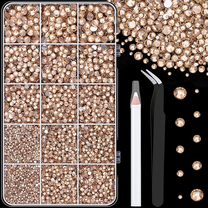16000Pcs Resin Rhinestones with Tweezers for Crafting, Champagne 2-6mm Mixed Sizes Non Hotfix Flatback Gems, Bedazzling Crystal for DIY Crafts Clothing Tumblers Mugs Shoes Fabric Decor Nail Art