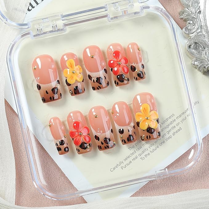 Leopard French Press-On Nails 10pcs, Handmade Acrylic Square Tips with 3D Blossom Flowers, Reusable Full Cover Nail Set for Trendy Everyday Style – Appife