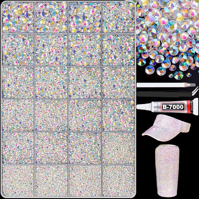 25000Pcs Transparent AB Rhinestones for Bedazzling with B7000 Jewelry Glue, Non Hotfix Flatback Gems, Crystal Resin Rhinestones for Crafting Crafts Clothing Tumblers Mugs Shoes Fabric Decor Nail Art