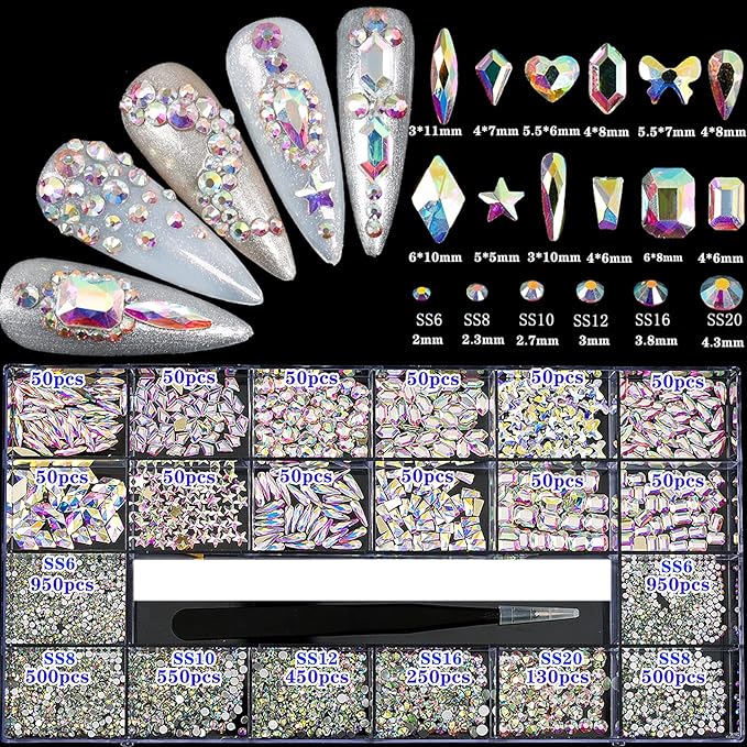 4880 Pcs Color Crystal Nail Rhinestone Set, Nails Art Rhinestones Round Beads Flatback Glass Gems Stones, Multi Shapes Rhinestones Nail Art 3D Crystals for Nail DIY Crafts Clothes Shoes Jewelry