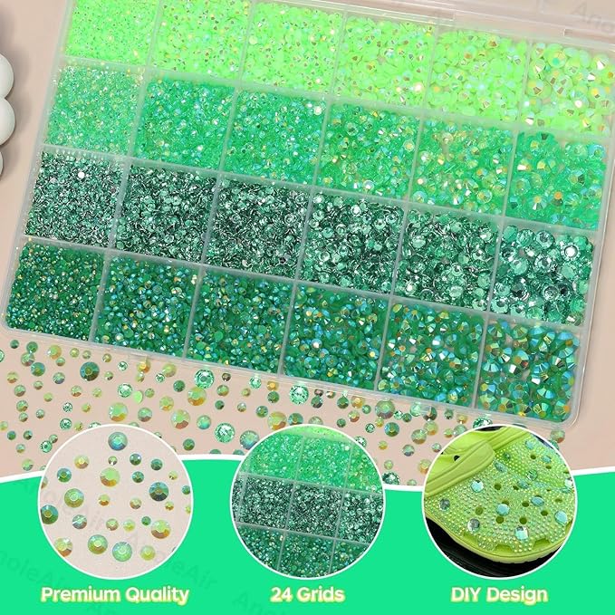 26000PCS Green Resin Flatback Rhinestones for Crafting, Resin Rhinestones for Bedazzling Kit, 2/3/4/5/6mm Flatback Gems Jewels for DIY Mugs Tumblers Clothing Shoes Nail Art