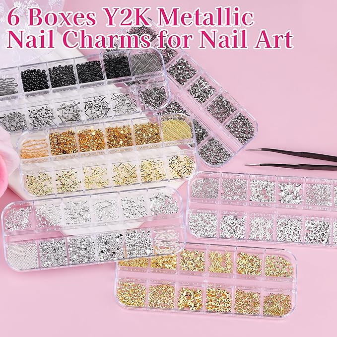 6 Boxes 3D Metal Nail Art Charms, Gold Silver Black Star Cross Nail Studs Metallic Caviar Beads for Nails Design Y2K Charms Punk Nail Chains Nail Decorations with Tweezers for DIY Manicure Supplies