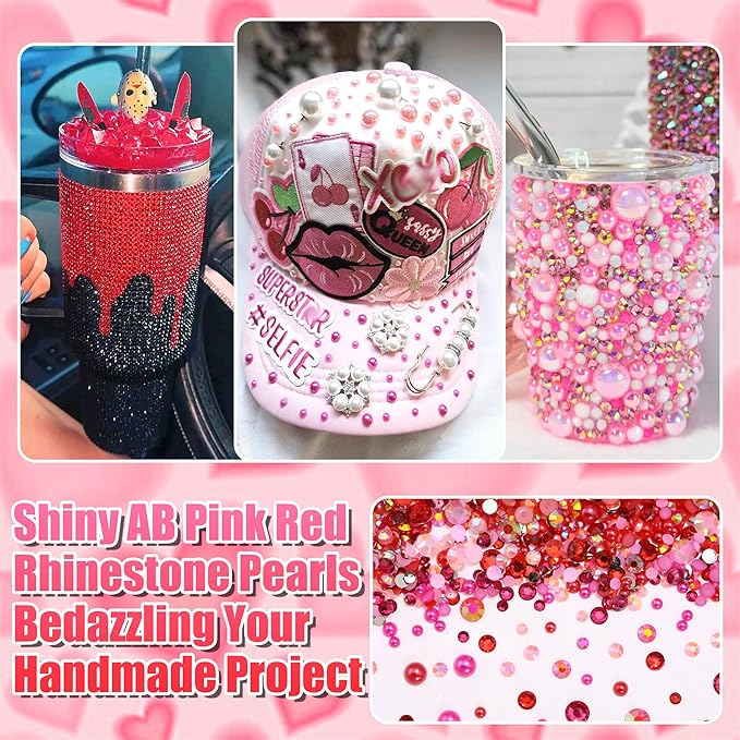 RODAKY Pink Red Rhinestone Gems Resin Jelly Rhinestones for Bedazzling Flatback Pearls Beads Stone for Valentine's Day Crafts 2Pcs 10ml B7000 Jewelry Glues Tweezers Dotting Pen