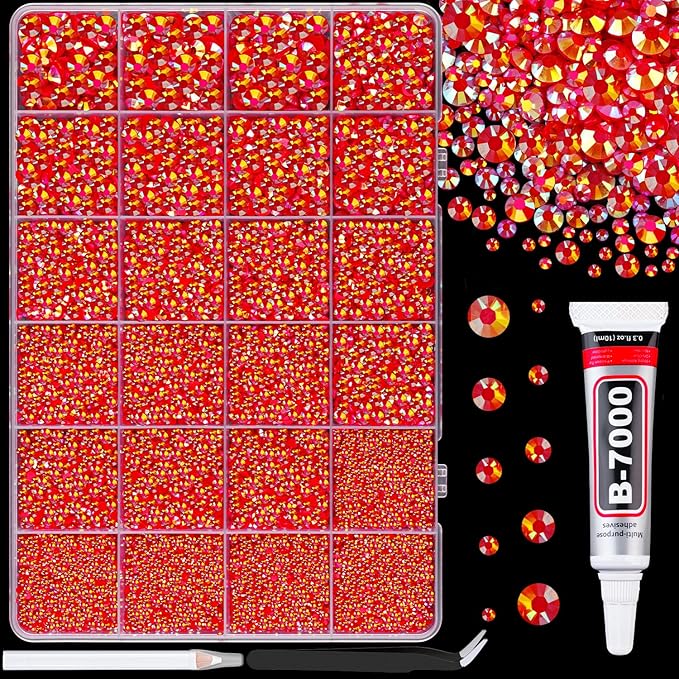 25000Pcs Resin Rhinestones for Crafting, Red AB 2-6mm Mixed Sizes Non Hotfix Flatback Gems with 1Pcs Glue, Bedazzling Crystal for DIY Craft Clothing Mugs Tumblers Shoes Fabric Decor Nail Art