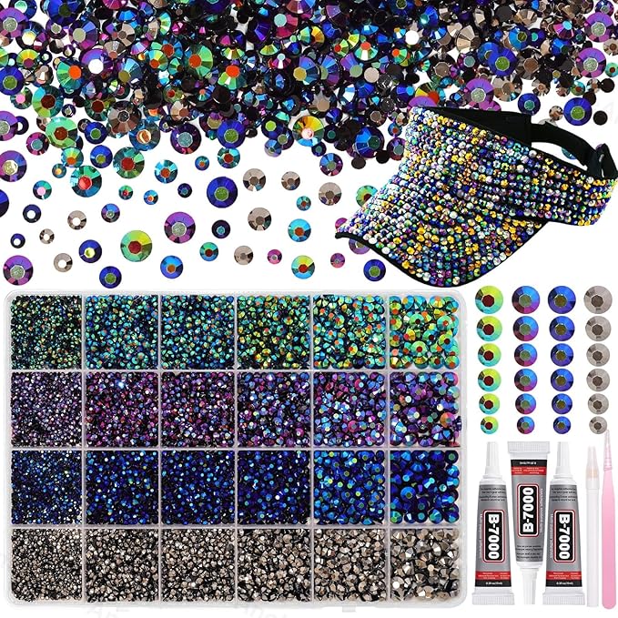26000PCS Black AB Blue Purple Resin Flatback Rhinestones for Crafting, Resin Rhinestones for Bedazzling Kit, 2/3/4/5/6mm Flatback Gems Jewels for DIY Mugs Tumblers Clothing Shoes Nail Art