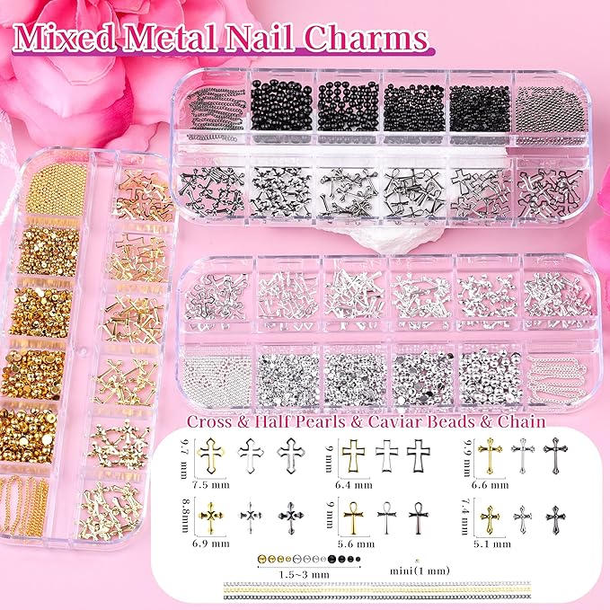 6 Boxes 3D Metal Nail Art Charms, Gold Silver Black Star Cross Nail Studs Metallic Caviar Beads for Nails Design Y2K Charms Punk Nail Chains Nail Decorations with Tweezers for DIY Manicure Supplies