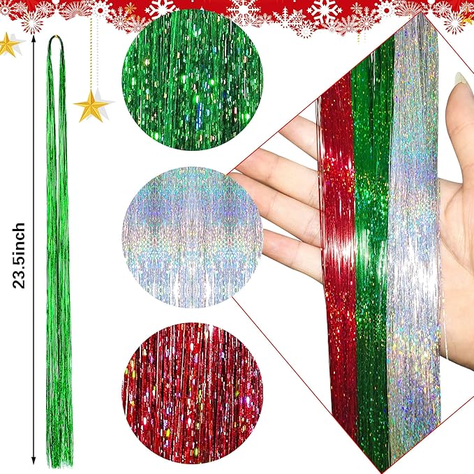 FEBSNOW 47 Inches Tinsel Hair Extension with Tool 2400 Strands 3 Colors Hair Extension Tinsel Kit Glitter Hair Extensions for Women Girls Hair Accessories for Christmas New Year Halloween Party