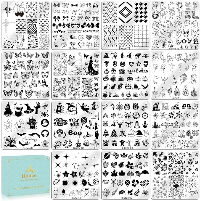 Biutee Nail Stamping Plate 15PCS Nail Stamper Kit Nail Art Stamping Plates Set with Nail Stamper, Scraper & Storage Bag, Nail Stamping Kit Star Bowknot Love Butterfly Leaf Design Template
