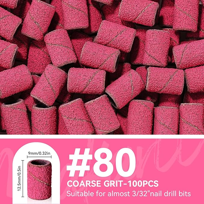 Makartt Sanding Bands for Nail Drill - 100 Pcs Nail File Sanding Bands for Drill Bits #80 Medium Grits for Acrylic Nails Gel Removing and Shaping, Upgrade Thicker Durable Sanding Drill Bit, Pink