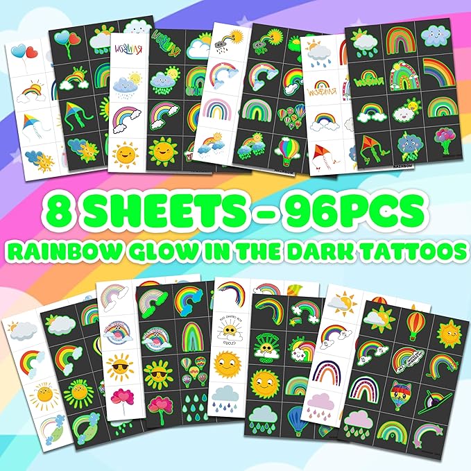 96PCS Glow Rainbow Pre-Cut Temporary Tattoos Stickers,Colorful Theme Birthday Party Decorations, Supplies,Neon Luminous Halloween Party Favors Gifts for Kids Girls Boys (Glow in the dark)