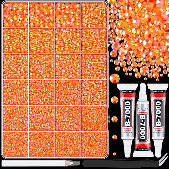 25000Pcs Resin Rhinestones with Tweezers for Crafting, Orange AB 2-6mm Mixed Sizes Bedazzling Crystal with 3Pcs 10ml B7000 Jewelry Glue for DIY Crafts Clothing Tumblers Shoes Fabric Nail Art