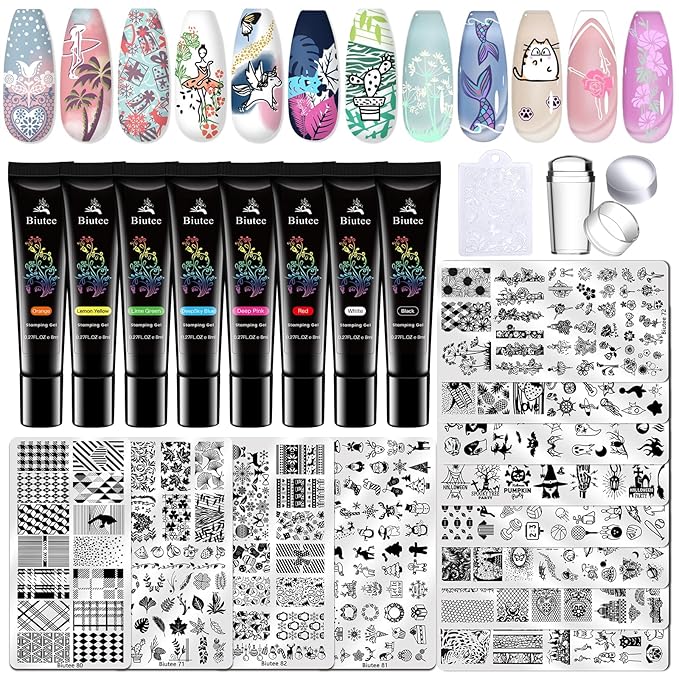 Biutee Nail Stamper Kit 22Pcs Gel Nail Stamping Kit 12Pcs Nail Stamping Plates 8Pcs Gel Stamping Polish, Silicone Stamper Scraper Flower Lace Star Stripe Holiday Stamp Template Gift for Women