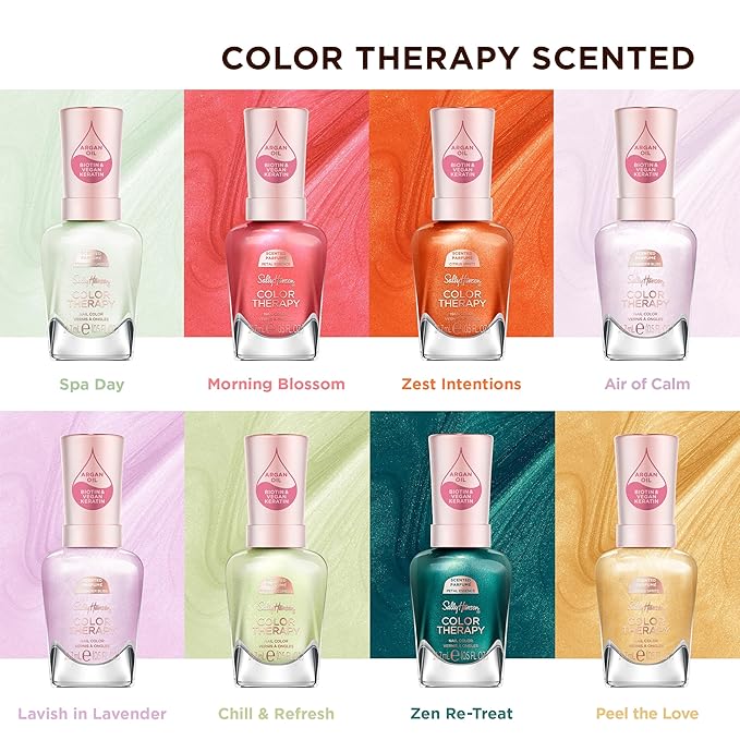 Sally Hansen Color Therapy Scented Nail Polish | Biotin, Argan Oil, Long Lasting, Healthy Nails, Nail Strengthener, Opaque | 458 Zen Re-Treat, Petal Essence| Forest Green Nail Color