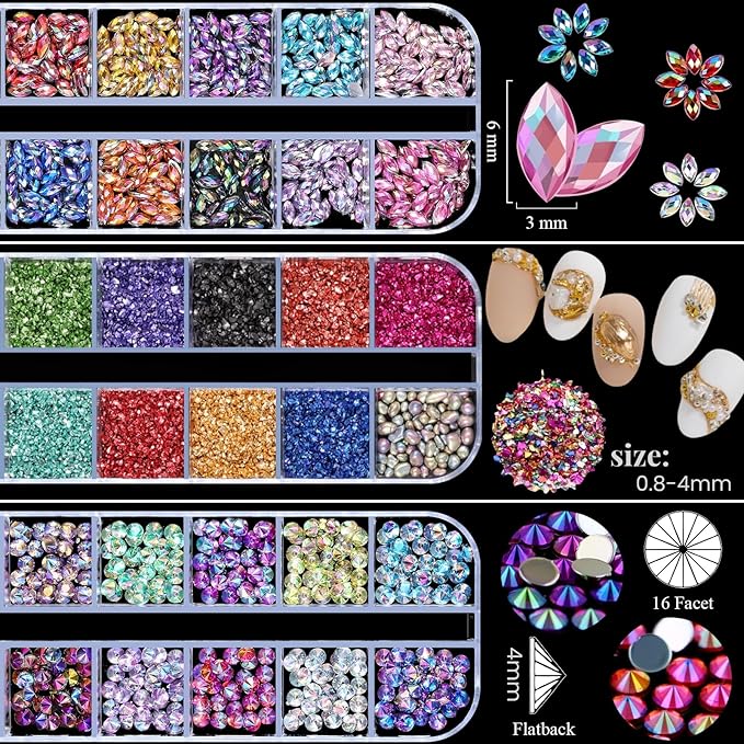 5 Boxes Shiny Colorful Nail Art Rhinestones Kit 3D Flatback Horse Eye Rhinestones Irregular Nail Stone and 4 Sheets Flower Nail Stickers with a Curved Tweezers and a Nail Brush (Multicolor)
