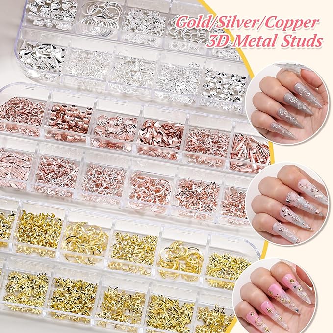 12 Boxes Nail Rhinestones Gems Kit,Gold/Silver Metal Studs,Mixed Sizes Flatback Crystals Rhinestones,Half Pearls,Sequins,Foil Flakes with Tweezers & Dotting Tools for DIY Manicure