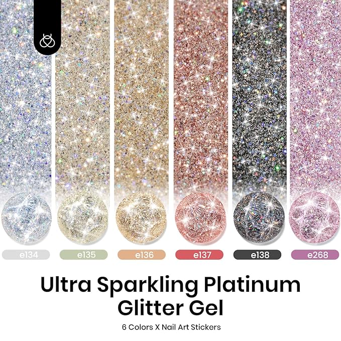 beetles Glitter Gel Polish - Diamond Shine 6 Colors Reflective Sparkle Gel Set, Silver Black Pink Gold Holographic Glitter Polish, with Nail Art Stickers Soak off Uv LED Manicure Gifts for Women