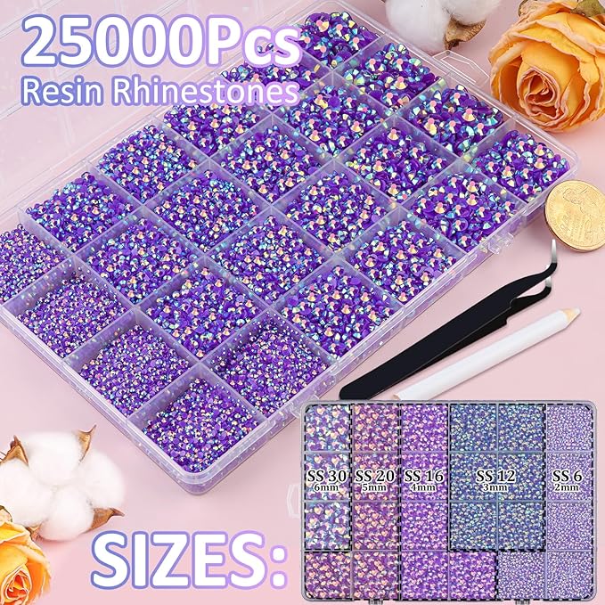 25000Pcs Resin Jelly Rhinestones for Crafting, Dark Purple AB 2-6mm Mixed Sizes Non Hotfix Flatback Gems, Bedazzling Crystal for DIY Crafts Clothing Tumblers Mugs Shoes Fabric Nail Art