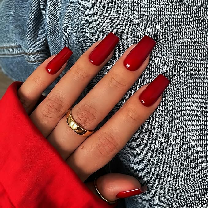 KQueenest Red Press on Nails Long Medium Square, Wine Red Fake Nails Medium Coffin, Glossy Opaque Color Acrylic Nails Press ons, Reusable Soft Gel Glue on Nails for Women Finger Decoration