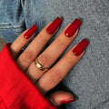 KQueenest Red Press on Nails Long Medium Square, Wine Red Fake Nails Medium Coffin, Glossy Opaque Color Acrylic Nails Press ons, Reusable Soft Gel Glue on Nails for Women Finger Decoration
