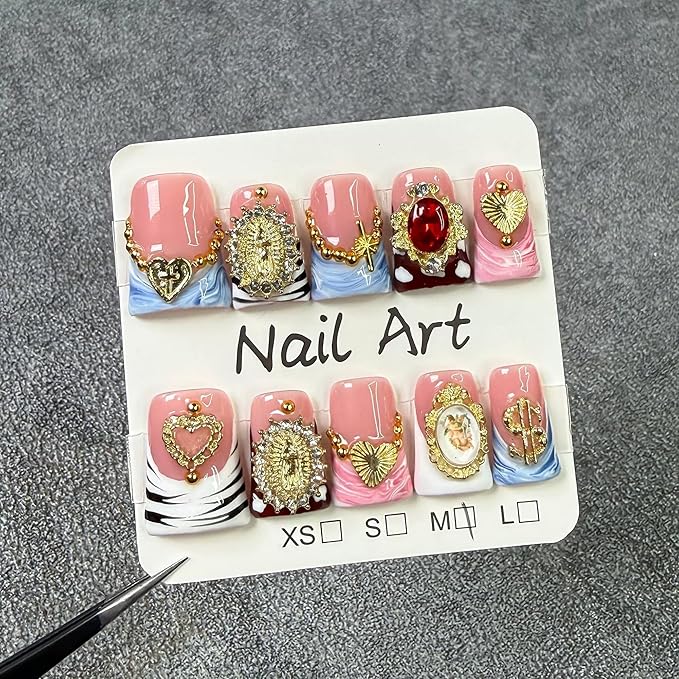 Handmade Press on Nails Short Leopard French Tip False Nails Reusable ABS Material Fake Nails with Charms Designs Nails Press Ons Luxury Full Cover Stick on Nail for Women 10Pcs(Size M)