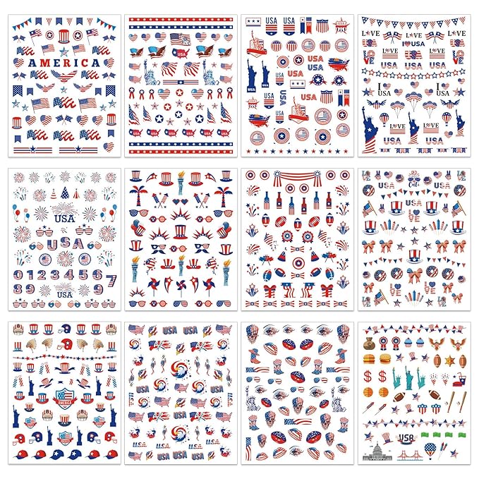 12 Sheets 4th of July Nail Stickers, USA Independence Day Patriotic Nail Decals, 3D Design Self-Adhesive Memorial Day Flag Star Nail Art