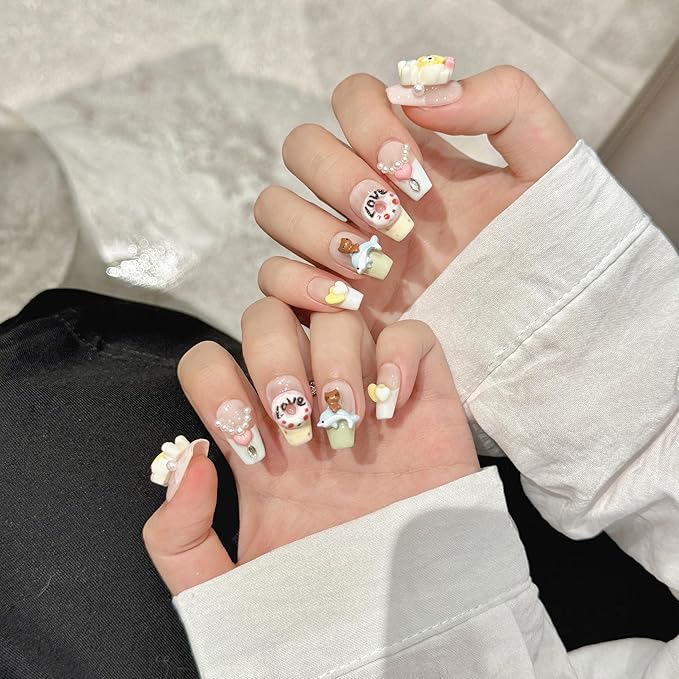 Acrylic colorful kitty Press on Nails Square,Reusable Handmade Kawaii heart pearl Gel Nails Press On, Luxury 3D fake nails designed kit,10 Nails Size S,#2408