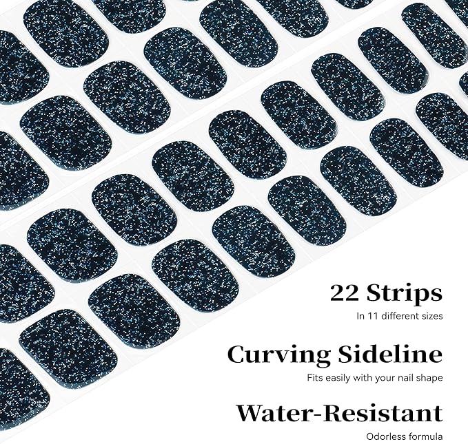 Semi Cured Gel Nail Strips Black Glitter Nail Strips with UV/LED Required Long Lasting Gel Nail Stickers Includes 22 Strips 2 Prep Pads, Nail File & Wooden Stick