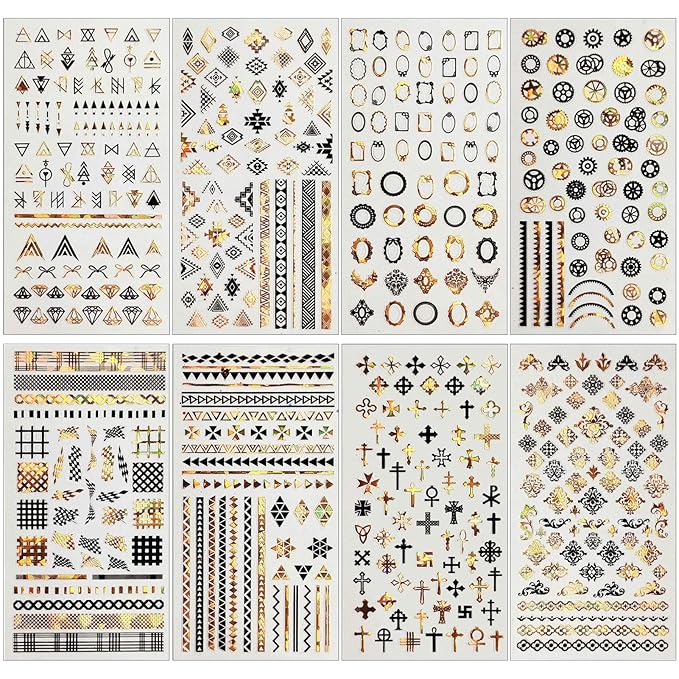 8 Sheets Geometric Nail Art Stickers, Black Gold Geometry Triangular Rhombus Minimalist 3D Design Self-Adhesive Nail Art Decals, DIY Manicure Decoration Supplies Accessories for Women Girls