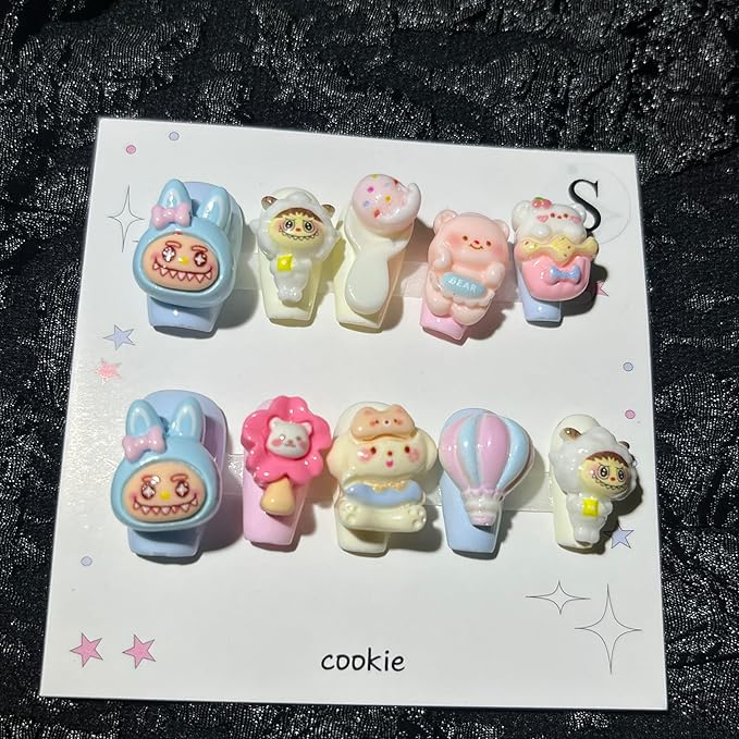 Short Press on Nails Handmade Nails 10Pcs BLUE BUBU Cute Manual Press on Nails for Women Party Holiday Photo 25mm Long Size M