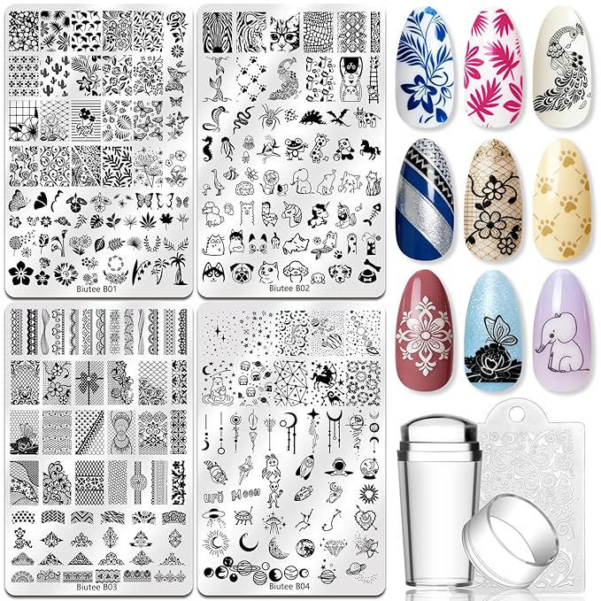 Biutee Nail Stamping Plate Nail Stamper Kit with Stamper & Scraper, Large Nail Art Stamping Plate French Line Lace Flower Leaves Animal Star Space Design DIY Nail Stamping Kit