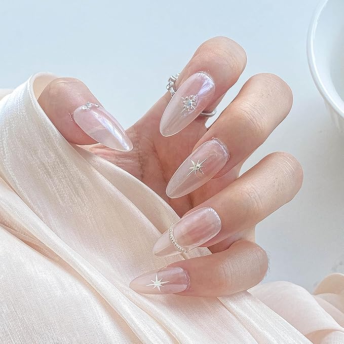Almond Press-On Nails, Nude with Crystal Rhinestones and Star Design, Handmade False Nail 10 Pieces (Small, Almond)