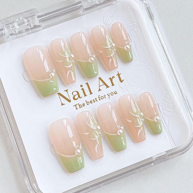 Long Ballerina Press On Nails, Pearl-Decorated Pink and Green French Tips, Handmade False Nail 10 Pieces (Small,LB)