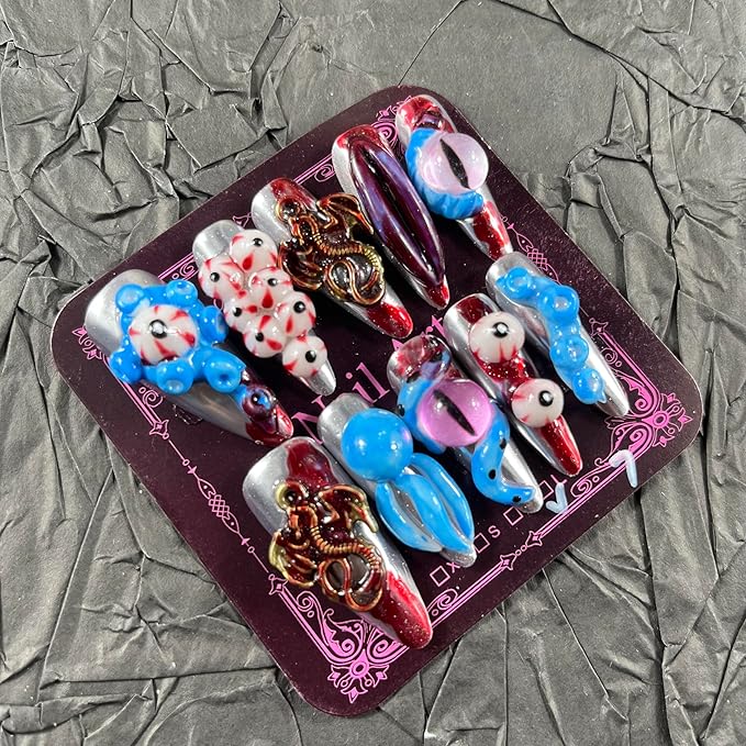 Press on Nails Handmade Nails 10Pcs Blood Style Hand Carved Silver Eyes Manual Press on Nails for Women Party Holiday Photo 33mm Long Size M