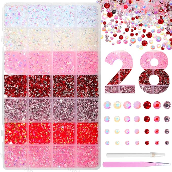 22000Pcs Pink Red Rhinestones for Bedazzling, Jelly Bedazzling Resin Gems 3-5mm, Pink White Gems Bedazzling Kit for Crafting, Flatback Color Red Hot Pink AB Gems for Nails Face Makeup Tumblers