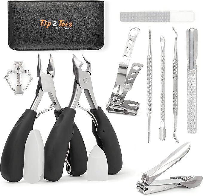 TIP2TOES 10 Pcs Ingrown Toenail Clippers for Seniors Thick Toenails- Heavy Duty Podiatrist Toe Nail Cutter for Men, Professional, and Adults- Easy Grip Handle Stainless Steel Sharp Curved Grooming Kit
