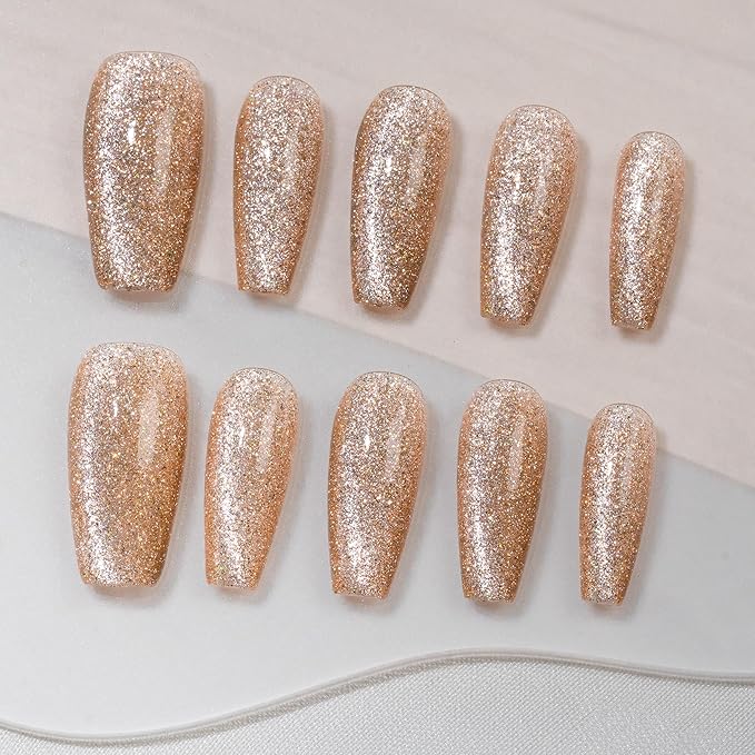 Sun&Beam Nails Handmade Press-on Medium Long Coffin Ballerina Yellow Gold Magnet Design Fashion False Nail Tips 10 Pcs Set (#267 L)