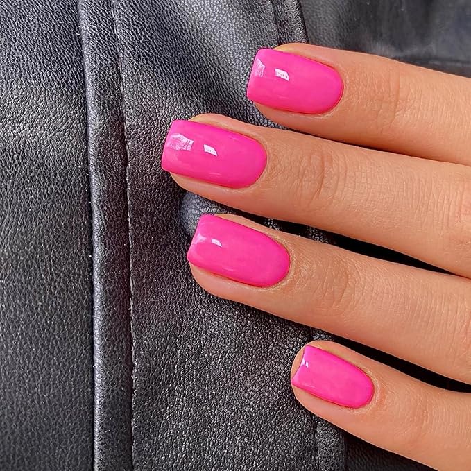 Hot Pink Press on Nails Short Square Natural Short Gel Nails Glue on Acrylic Nails Press ons Neon 48Pcs Thick Reusable Fake Nails for Women Short Coffin Artificial Nails New Solid Color Square Nails