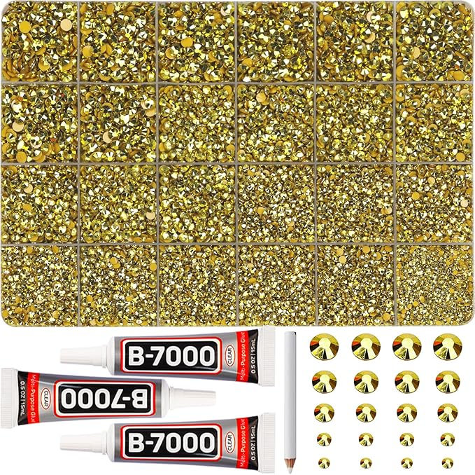 31000Pcs Gold Resin Rhinestones for Bedazzling, Gold Bedazzle Gems Flatback, Bling Stones Flat Back Diamond Jewel Crystal Bedazzled for Clothes Crafts Crafting 2-6mm Assorted Size Bulk and b-7000 Glue