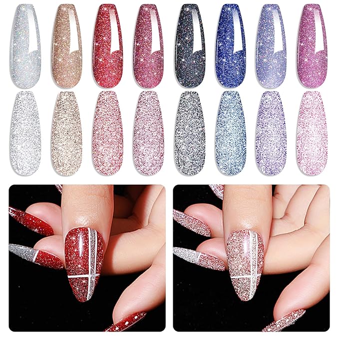 MIZHSE Reflective Glitter Gel Polish, 8 Colors Red Silver Reflective Gel Polish Holographic Christmas Shiny U V LED Soak Off Sparkly Gel Nail Polish for Nail Salon Home DIY Manicure