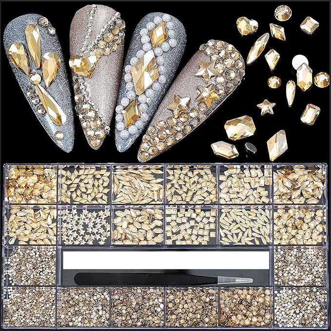 4880Pcs Champagne Rhinestones for Nails, Gold Crystal Nail Rhinestones Round Beads Flatback Glass Gems Stones, Multi Shapes 3D Nail Crystals for Nail Art DIY Crafts Clothes Shoes Jewelry