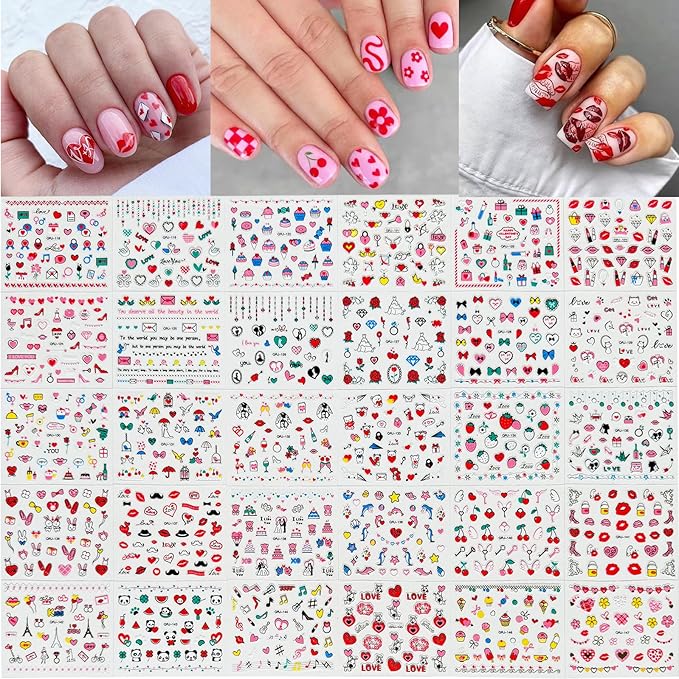 90 Sheets Nail Stickers for Valentine's Day Nail Art Decals 3D Self-Adhesive Heart Star Flower Nail Supplies Charms with Nails Tweezer for Women Nails Decoration