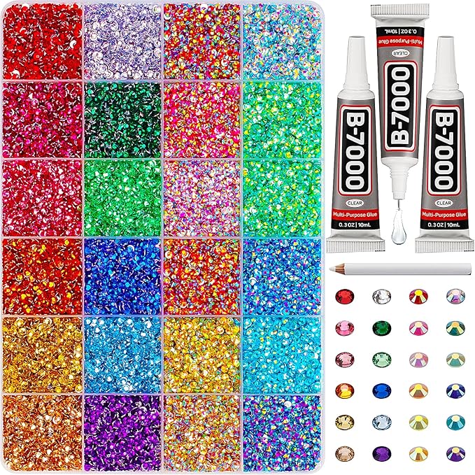 33000Pcs Rhinestones for Bedazzling, 3mm Bedazzler Kit with Flatback Rhinestones for Clothes Crafting Crafts Nails Clothing, Flat Back Resin Rainbow Colorful Colored Crystal with B 7000 Glue Clear