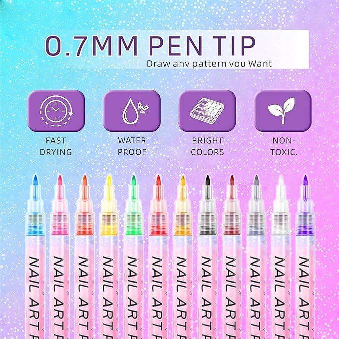 12-Color 3D Nail Art Pen Set with 0.7mm Ultra-Fine Flexible Tip for Professional Dotting Lining Gradient and Floral Design DIY Manicure Tools Perfect Valentine's Day Gift