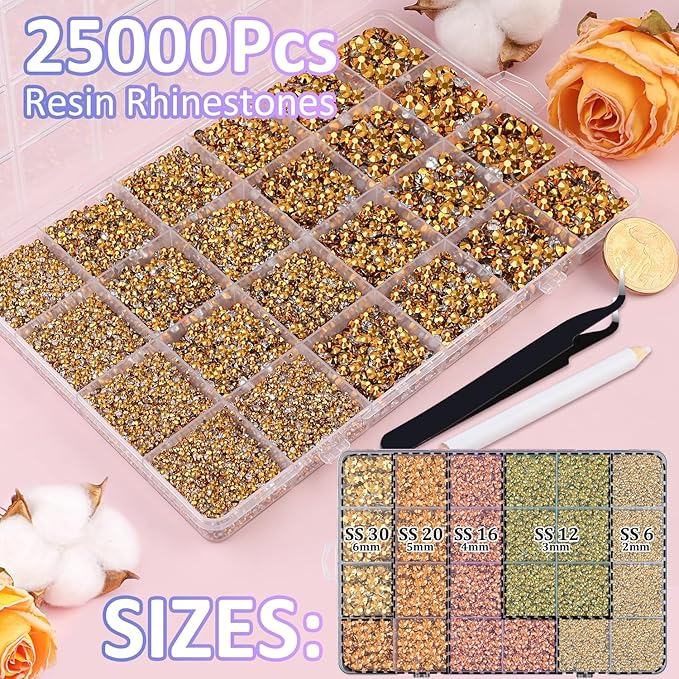 25000Pcs Resin Rhinestones for Crafting, Gold 2-6mm Mixed Sizes Non Hotfix Flatback Gems, Bedazzling Crystal for DIY Crafts Clothing Tumblers Mugs Shoes Fabric Nail Art