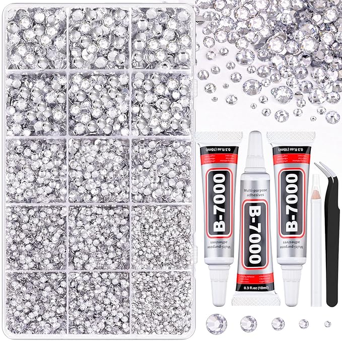 16000Pcs Resin Rhinestones for Crafting, Silver Clear Flatback Gems, Bedazzling Crystal with 3Pcs 10ml B7000 Jewelry Glue Bedazzler Kit for DIY Crafts Clothing Tumblers Shoes Fabric Nail Art