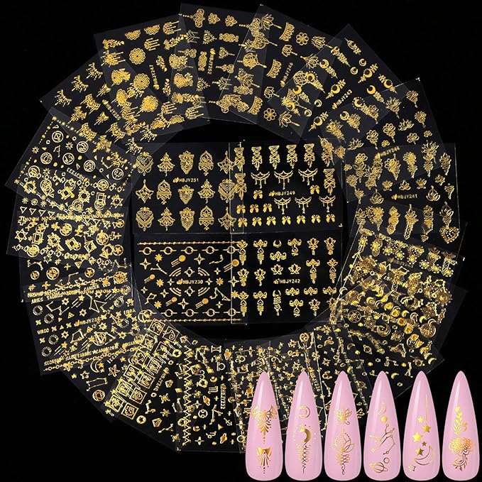 KISSBUTY 24 Pcs Universe Nail Art Sticker - Gold Flowers, Stars, Moon Constellation Decals